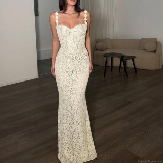 Women Sexy Lace Spaghetti Strap Maxi Dress Elegant Floral Shoulder Straps Bodycon Fish Tail Long Evening Dress For Party Vacation