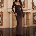 Sexy Off-Shoulder Long Sleeve Bandage Maxi Dress Slim Fit Solid Bodycon Evening Party Gown For Women Elegant Knitted Polyester Spandex Clubwear