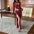 Women Sexy Hollow Out Maxi Dress Long Sleeve Bodycon Ruched High Slit Knit Dress Wine Red Evening Party Clubwear Gown