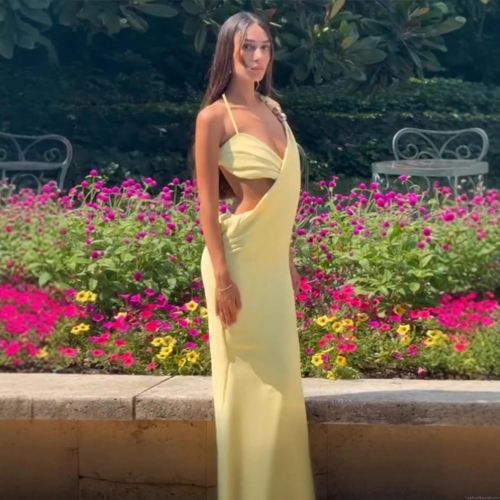 Women's Sexy One Shoulder Halter Backless Maxi Dress Elegant Cutout Waist Metal Bead Decor Slim Fit Knit Long Evening Party Dress for Vacation Clubwear