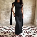 Elegant Women Black Backless Evening Maxi Dress Sexy Cape Sleeve Slim Fit Round Neck Polyester Spandex Party Dress For Banquet Wedding