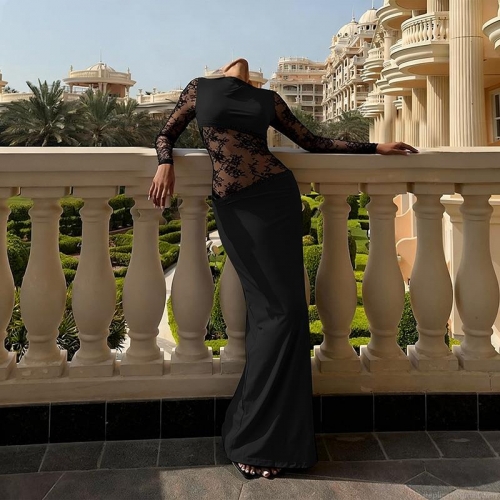Women Sexy Polyester Lace Patchwork Maxi Dress Long Sleeve Hollow Out Bodycon Floor Length Dress For Evening Party Wedding Elegant Slim Fit Gown