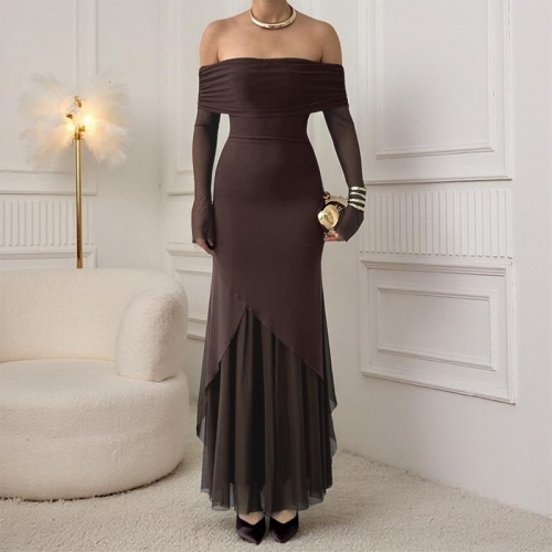 Women Sexy Off-Shoulder Mesh Patchwork Maxi Dress Elegant Long Sleeve Bodycon Package Hip Long Dress For Evening Party Banquet Clubwear