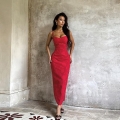 Women's Sexy Red Rose Jacquard Bodycon Maxi Dress Elegant Backless Strappy Slim Fit Slit Party Evening Long Dress Polyester Spandex