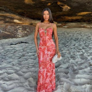 Women Sexy Hollow Out Camisole Maxi Dress Floral Print Milk Silk Slim Fit Sleeveless Long Dress With Metal Flower For Summer Beach Vacation Party