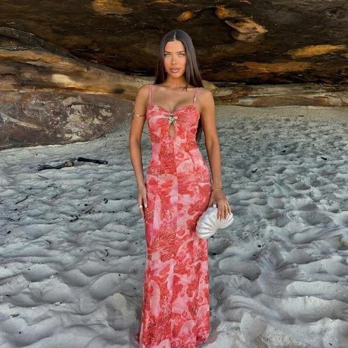 Women Sexy Hollow Out Camisole Maxi Dress Floral Print Milk Silk Slim Fit Sleeveless Long Dress With Metal Flower For Summer Beach Vacation Party