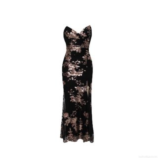 Women's Elegant Sequin Maxi Dress Sexy Backless V Neck Spaghetti Strap High Slit Evening Party Gown Slim Fit Luxury Black Gold Floral Formal Dress