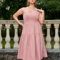 Plus Size Women Solid Color Tiered Maxi Dress Elegant Spaghetti Strap Bow Backless Long Sun Dress Summer Vacation Party Sleeveless Polyester Dress