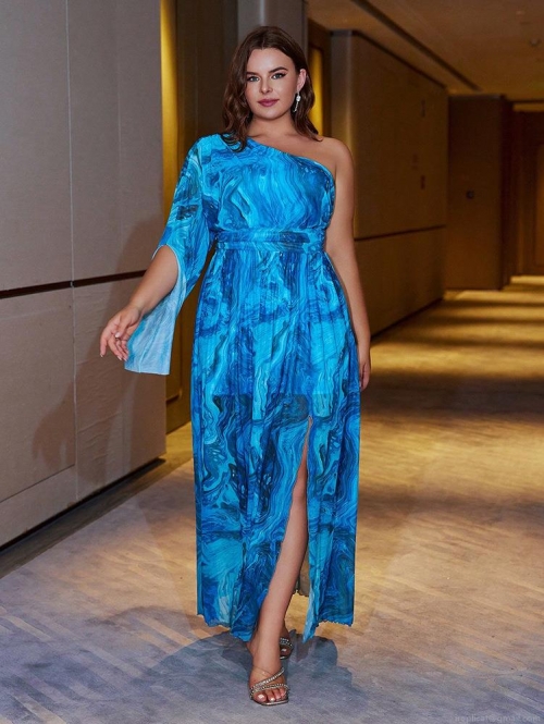 Women's Plus Size One Shoulder Maxi Dress Mesh Polyester Abstract Marble Print Side Slit Summer Vacation Party Sleeveless Long Dress