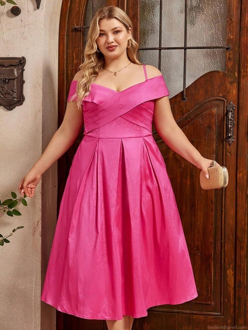 Women's Plus Size Satin Maxi Dress Elegant Cross V-Neck Off-Shoulder Rose Red Large Swing Flare Evening Gown For Vacation Party Sexy Long Dress