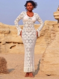 Women Sexy Bohemian Crochet Lace Maxi Dress With Tassel Hollow Out Long Sleeve Slim Fit Knit Long Dress For Beach Vacation Party