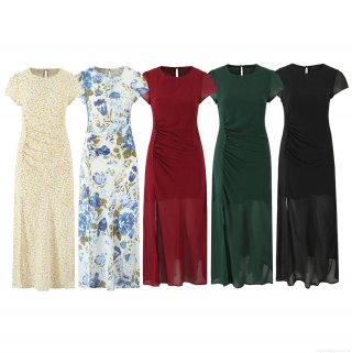 Women's Sexy Bodycon Maxi Dress Polyester Chiffon Round Neck Fly Sleeve Side Slit Pleated Button Decoration Elegant Long Dresses for Party Evening Clubwear Summer Fashion