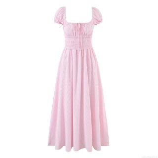 Women's Vintage Pastoral Style Striped Maxi Dress Cotton Blend Square Neck Puff Sleeve Smocked Waist A-Line Swing Dress For Summer Vacation