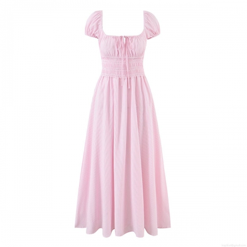 Women's Vintage Pastoral Style Striped Maxi Dress Cotton Blend Square Neck Puff Sleeve Smocked Waist A-Line Swing Dress For Summer Vacation