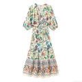 Women's V-Neck Floral Print Maxi Dress Bohemian Style Bubble Sleeve Waist Cut-Out Knot Long Dress For Summer Vacation Party Fashion Women Clothing