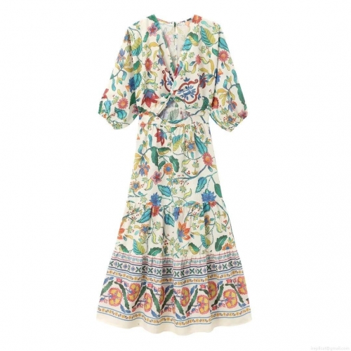 Women's V-Neck Floral Print Maxi Dress Bohemian Style Bubble Sleeve Waist Cut-Out Knot Long Dress For Summer Vacation Party Fashion Women Clothing