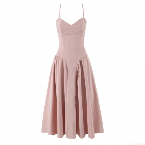 Women Sexy Camisole Maxi Dress Lace Up Backless Pleated Polyester Cotton Blend Dress For Dating Party Summer Vacation Beach Hot Girl Style