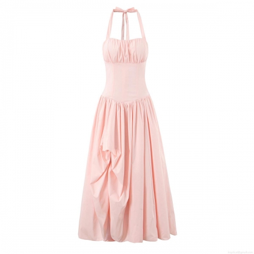 Women's Sexy Halter Neck Backless Maxi Dress Lace Up Corset High Waist Pleated A-Line Long Dress Polyester Cotton Blend For Vacation Party Beach Retro Elegant