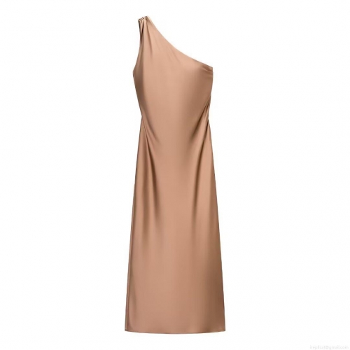 Elegant One Shoulder Satin Maxi Dress Asymmetric Backless Cut Out Sexy Silk Texture Evening Party Long Gown for Women High Slit Cocktail Dress Polyester Fabric