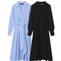 Women Vertical Striped Shirt Dress Long Sleeve Lapel Collar Button Up Maxi Dresses With Waist Belt Casual Fashion Elegant A-Line Gown For Office Daily Wear