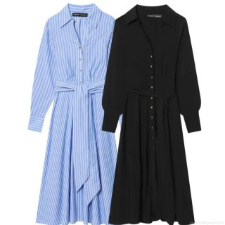 Women Vertical Striped Shirt Dress Long Sleeve Lapel Collar Button Up Maxi Dresses With Waist Belt Casual Fashion Elegant A-Line Gown For Office Daily Wear