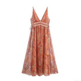 Women's Bohemian Paisley Print Maxi Dress Sexy V Neck Sleeveless Lace Patchwork Backless Flowy Summer Beach Dress For Women