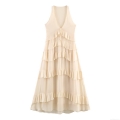 Women Sexy V Neck Sleeveless Maxi Dress Tiered Ruffle Chiffon Boho Beach Sundress High Waist Flowy Cake Skirt Summer Vacation Party Clubwear Long Dress