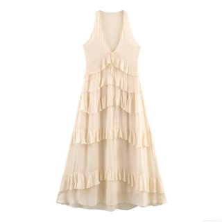 Women Sexy V Neck Sleeveless Maxi Dress Tiered Ruffle Chiffon Boho Beach Sundress High Waist Flowy Cake Skirt Summer Vacation Party Clubwear Long Dress