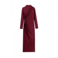 Elegant Ruched Bodycon Maxi Dress Women Sexy Long Sleeve High Neck Slim Fit Polyester Evening Party Clubwear Gown