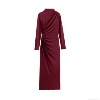 Elegant Ruched Bodycon Maxi Dress Women Sexy Long Sleeve High Neck Slim Fit Polyester Evening Party Clubwear Gown