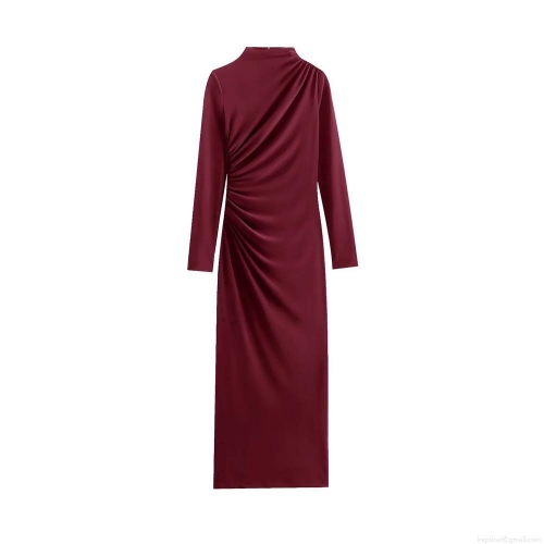Elegant Ruched Bodycon Maxi Dress Women Sexy Long Sleeve High Neck Slim Fit Polyester Evening Party Clubwear Gown