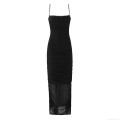 Women's Sexy Ruched Mesh Maxi Dress Sleeveless Camisole Bodycon Long Dress Solid Color Square Neck Backless Evening Party Clubwear Dress