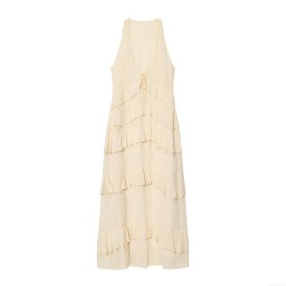 Women's Elegant Deep V Neck Sleeveless Maxi Dress Tiered Layered Ruffle Polyester Pearl Chiffon Long Dress For Wedding Party Summer Vacation