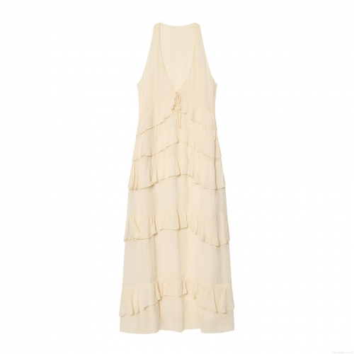 Women's Elegant Deep V Neck Sleeveless Maxi Dress Tiered Layered Ruffle Polyester Pearl Chiffon Long Dress For Wedding Party Summer Vacation