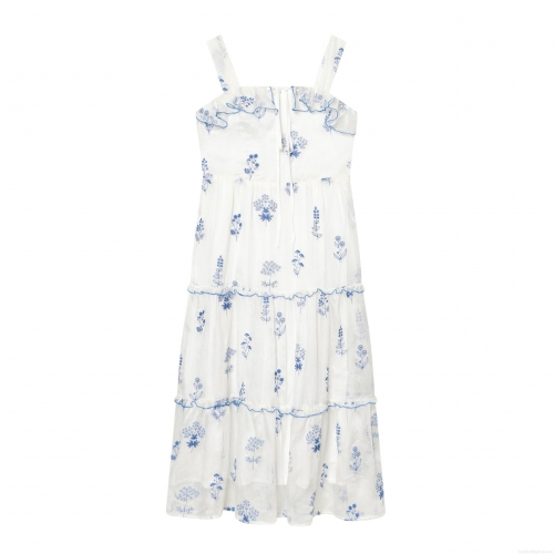 Embroidered Floral Tiered Maxi Dress 100% Polyester Ruffle Trim Off-Shoulder Sleeveless Camisole Long Dress For Women Summer Vacation Pastoral Style