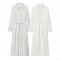 Women's Elegant Long Sleeve Maxi Shirt Dress with Waist Belt Button Down Solid White and Vertical Striped Pattern Casual Office Work Dresses