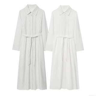 Women's Elegant Long Sleeve Maxi Shirt Dress with Waist Belt Button Down Solid White and Vertical Striped Pattern Casual Office Work Dresses