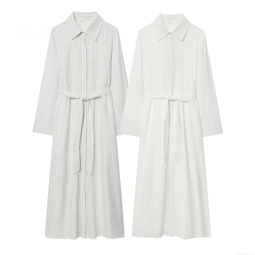 Women's Elegant Long Sleeve Maxi Shirt Dress with Waist Belt Button Down Solid White and Vertical Striped Pattern Casual Office Work Dresses