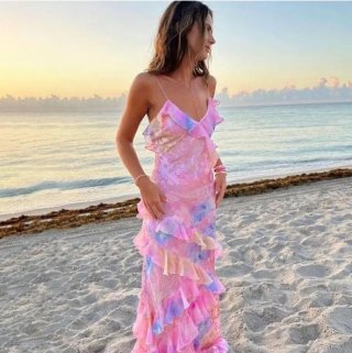 Women Sexy Floral Chiffon Camisole Dress V Neck Backless Ruffle Hem Lace Maxi Dresses for Beach Holiday Vacation Party Elegant Slim Fit Dress