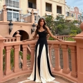 Elegant Women Black White Contrast Color Spaghetti Strap Maxi Dress Slim Fit Pleated Hem Sleeveless Evening Party Gown Celebrity Style Sexy Bodycon Long Dress