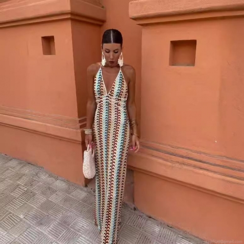 Women's Bohemian Crochet Knit Halter Maxi Dress Deep V-Neck Backless Multi-color Striped Wave Pattern Summer Beach Vacation Sexy Slim Fit Long Dress
