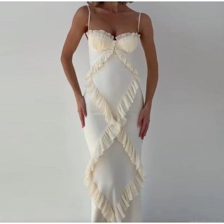 Elegant White Lace Stitching Maxi Dress With Ruffle Ruched Bust Spaghetti Strap Slim Fit Long Evening Party Dress For Women Wedding Vacation
