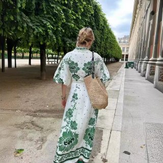 Women's Bohemian Floral Print Maxi Dress Polyester V-Neck Lantern Sleeve Single-Breasted Button-Up Vacation Beach Casual Loose Long Dresses for Women