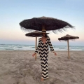 Women's Bohemian Black and White Chevron Knit Maxi Dress Deep V Neck Tie Up Long Flare Sleeve Crochet Beach Resort Vacation Sexy Long Dress