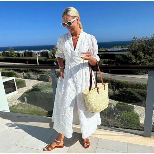 Women Elegant 3D Floral Embroidery Maxi Dress V-Neck Puff Sleeve Single Breasted Lace Mesh Romantic Beach Holiday Summer Resort Long Dress