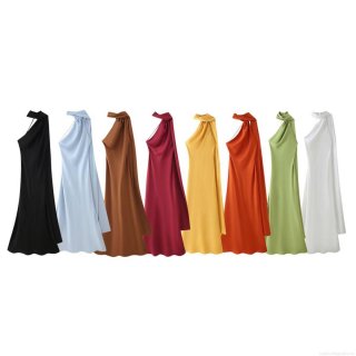 Women Elegant Satin Halter Maxi Dress Sleeveless Backless Silk Texture Evening Party Gown With Streamer Neck Wedding Guest Dress