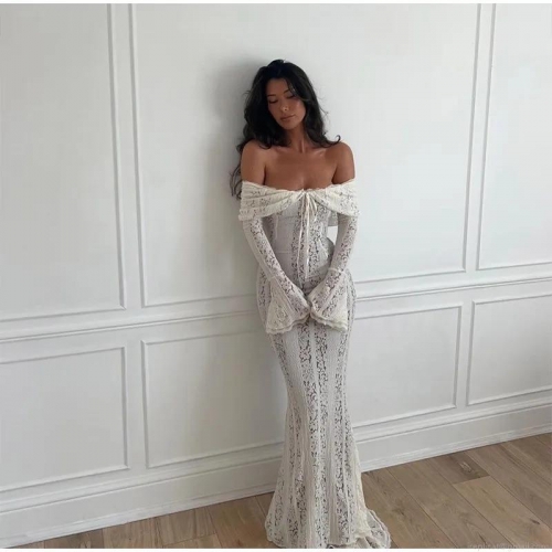 Elegant Lace Off-the-Shoulder Maxi Dress Sexy Flare Sleeve Mermaid Evening Party Wedding Dress For Women French Vintage Style