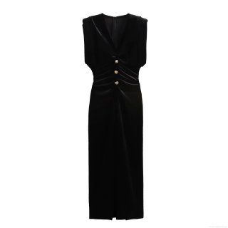 Women Elegant Sleeveless Velvet V-Neck Maxi Dress Pleated Bodycon Evening Party Long Dress With Gold Decorative Buttons
