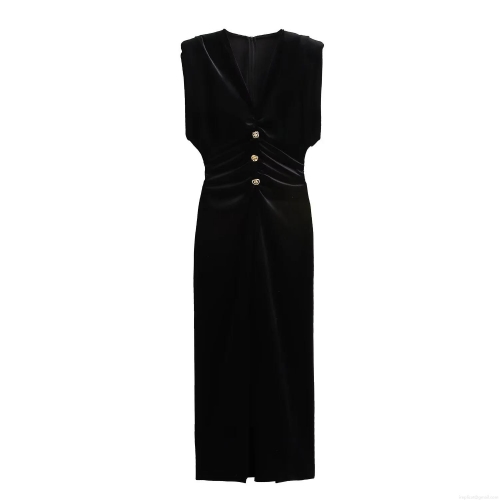 Women Elegant Sleeveless Velvet V-Neck Maxi Dress Pleated Bodycon Evening Party Long Dress With Gold Decorative Buttons