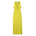 Women Halter Maxi Dress Elegant Plisse Texture Backless Cut Out Knot Detail V Neck Sleeveless Summer Party Evening Long Dress Lime Yellow Solid Color